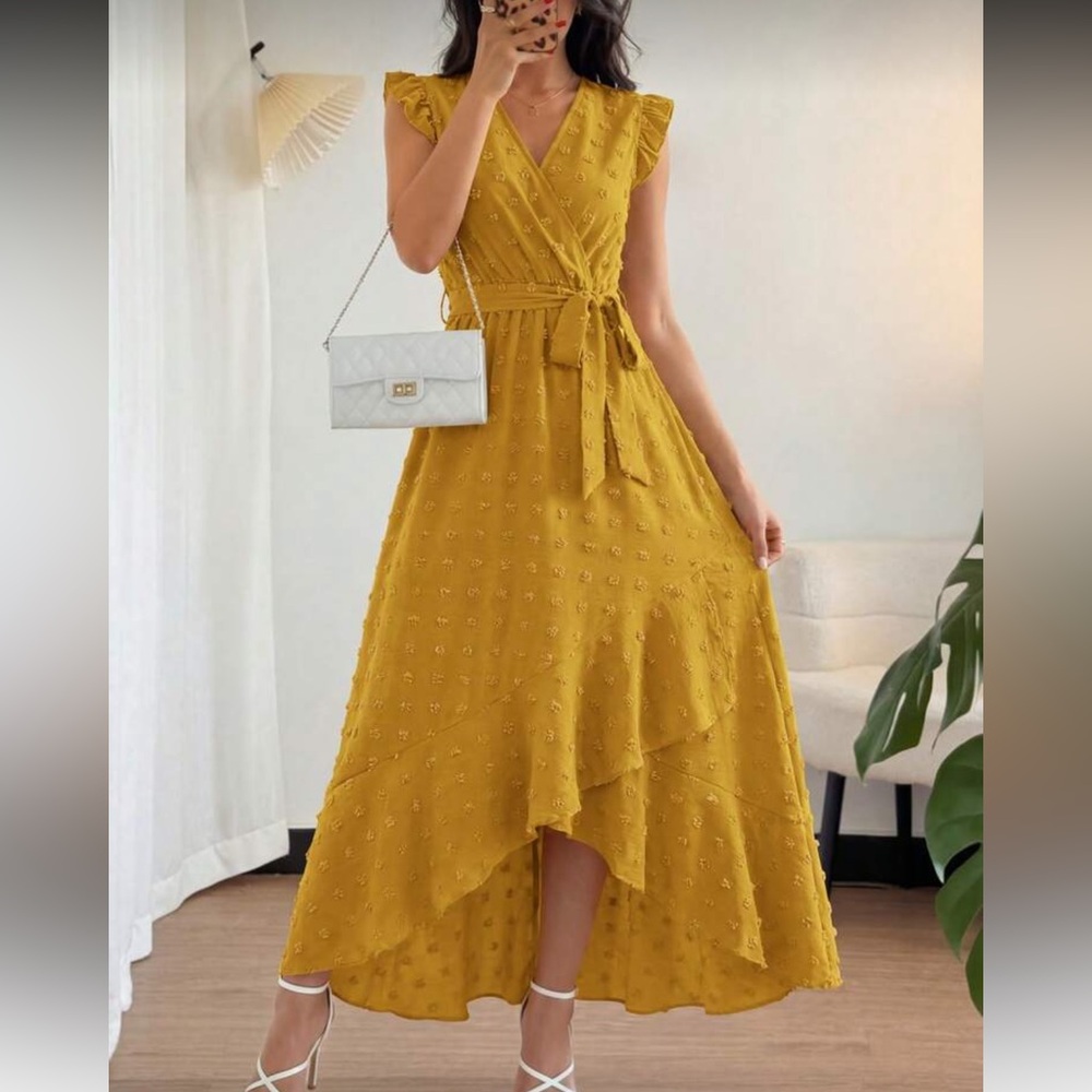 Elegant Yellow High-Low Midi Dress with Tie Waist